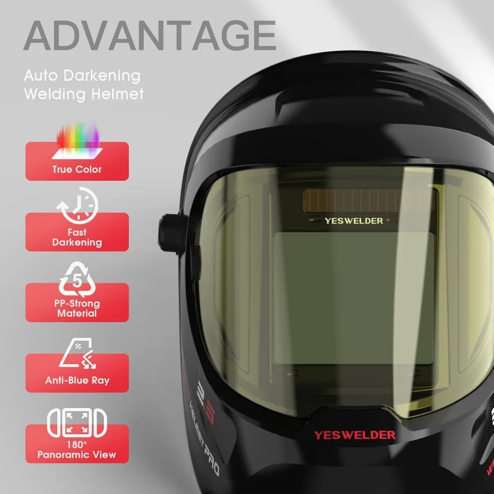 Auto Darkening Welding Helmet with Side View, 180° Panoramic, Solar Powered, Wide Shade for TIG MIG ARC
