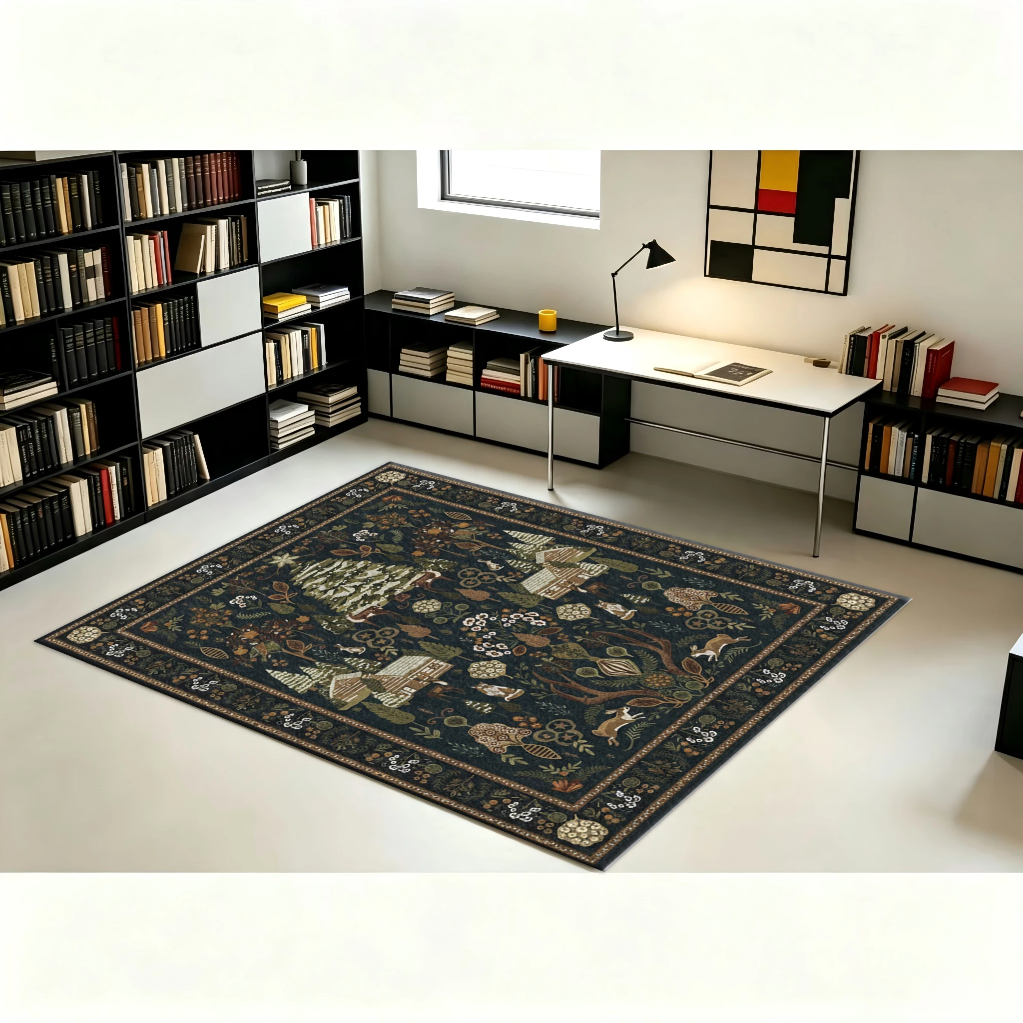 Vintage Folk Forest Cabin Wildlife Area Rug Dark Green Woodland Deer Rabbit Nature Living Room Floor Carpet view 4