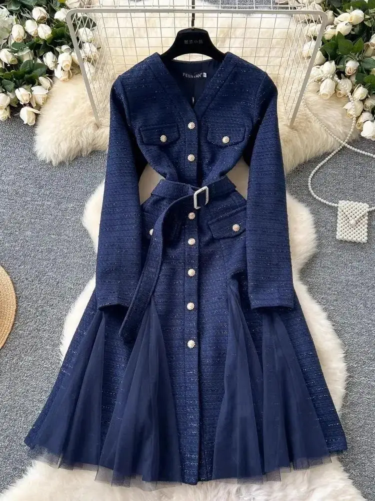 

Small Fragrant Vintage Mesh Splice Tweed Woolen Midi Dresses Women's V Neck Pearls Golden Single Breasted Diamonds Belt Clothing