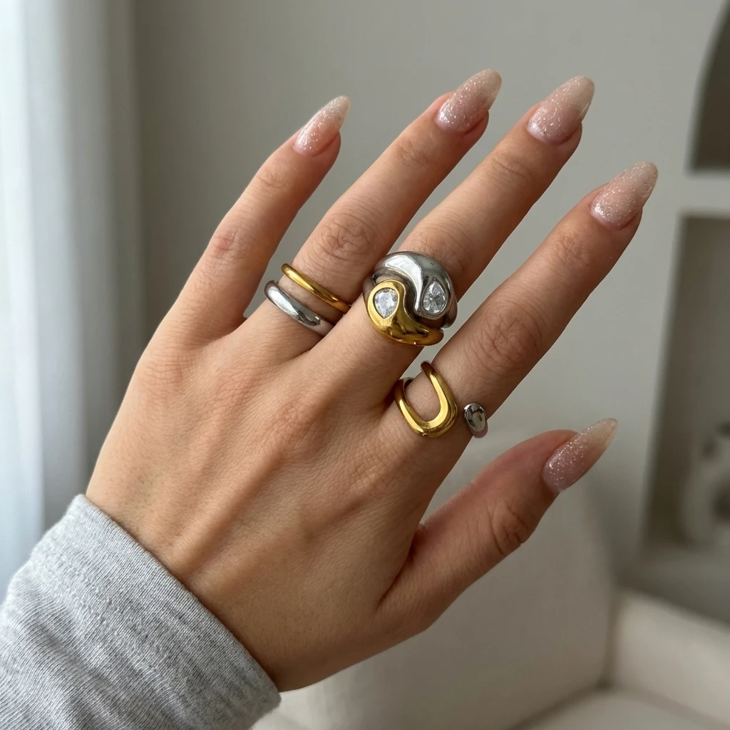 Edelstahl Zweifarbiger Ring für Frauen Trendiger Parallel-Doppellinien-Ring mit Unregelmäßiger Geometrie Stapelbarer Ring Wasserfester Alltagsschmuck – Detail 1
