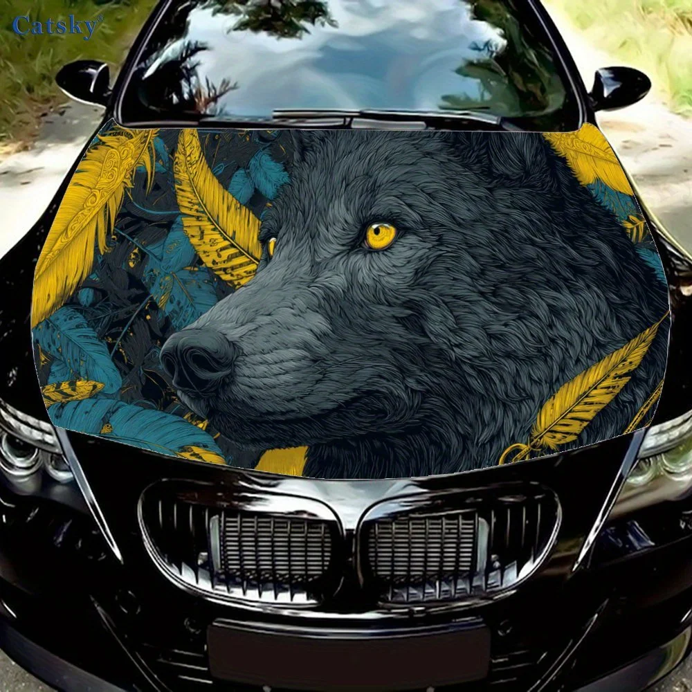 

Наклейка на капот автомобиля с желтыми перьями и черным волком, персонализированная и модная автомобильная художественная наклейка, самоклеящаяся водонепроницаемая наклейка на экстерьер автомобиля