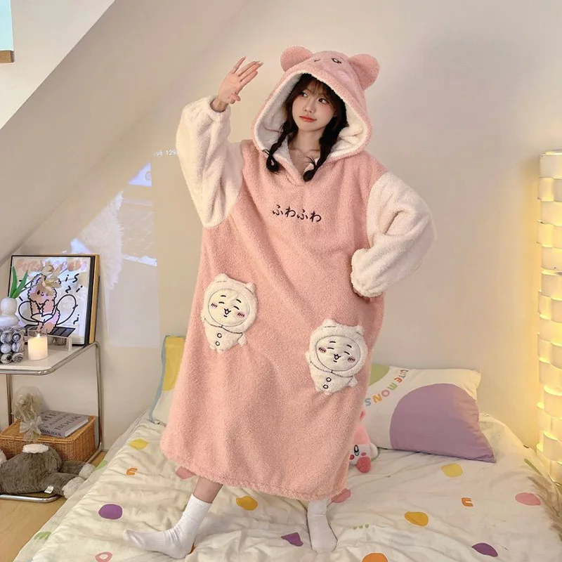 Cute Chiikawa Hooded Nightgown Women Coral Fleece Long Sleep Dress Loungewear 3D Cartoon Pocket Warm Winter Pajamas Gift