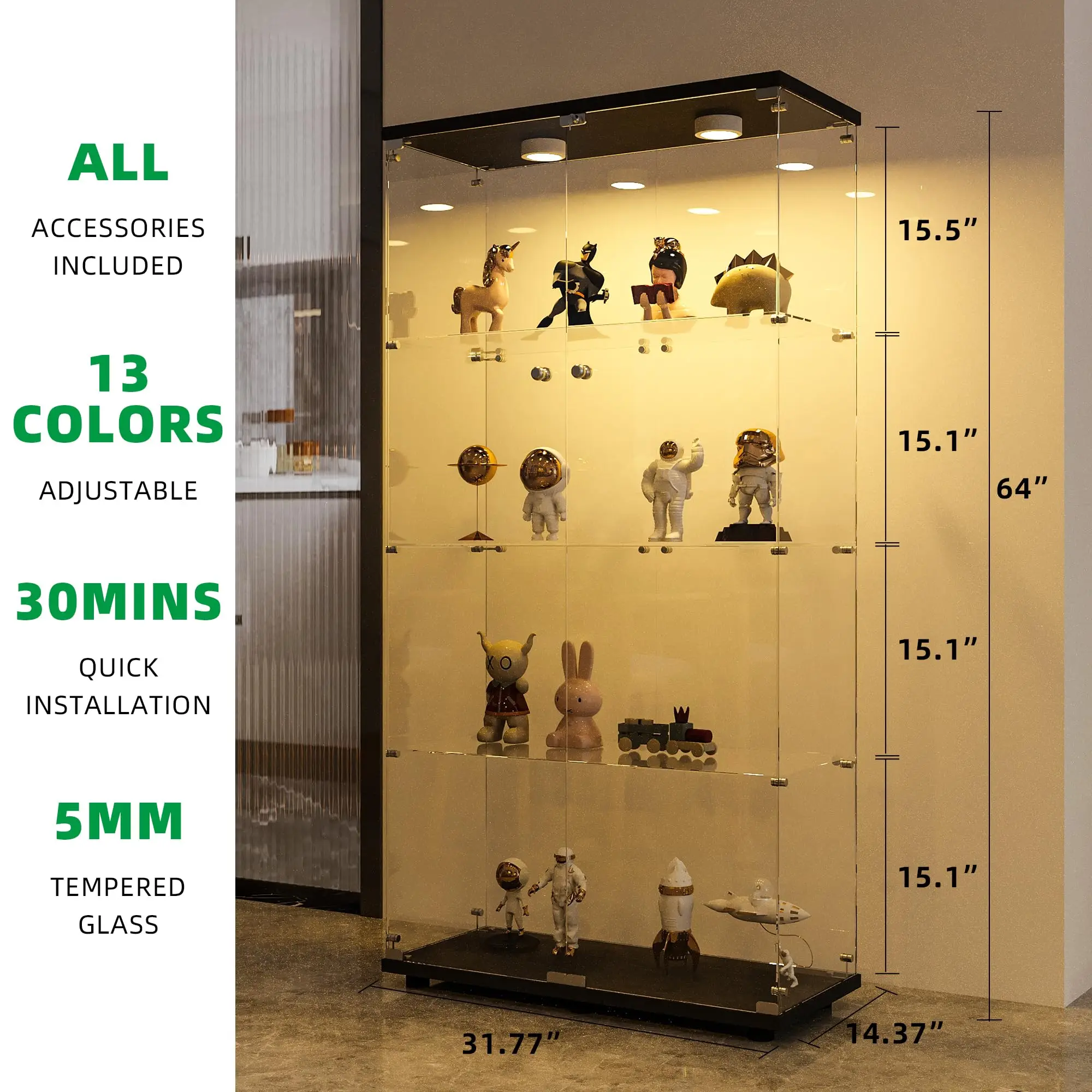 Display Cabinet with Glass Door and LED Light, 4-Tier Tempered Glass Display Shelf, Glass Curio Cabinet Collection