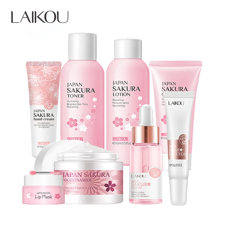 LAIKOU 8Pcs Sakura Face Skin Care Set Moisturizing Nourishing Serum Soothing Whitening Repairing Anti-Wrinkle Beauty Makeup Set