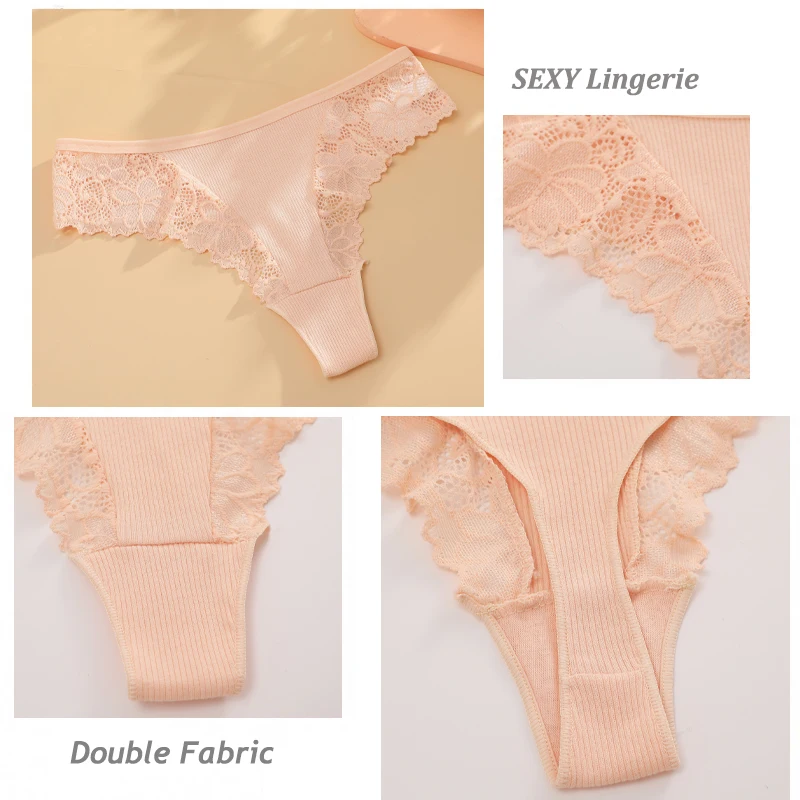 3PCS/Set Women Cotton Thongs Sexy Lace G-String Panties for Female Soft Breathable Underwear Low Rise Solid Colors Lingerie S-XL