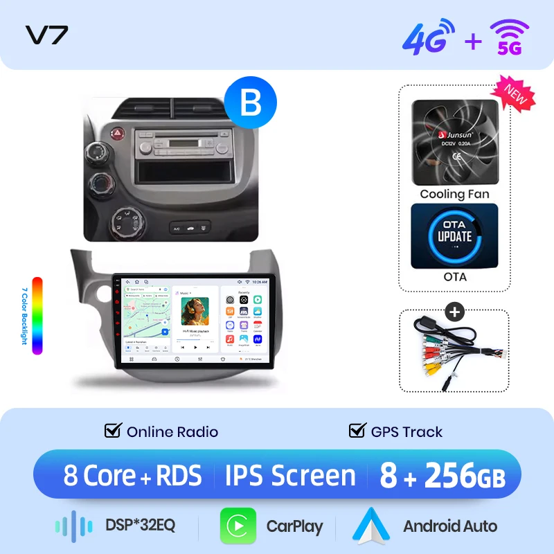 Junsun draadloze CarPlay Android Auto autoradio voor Honda Jazz Mk2 (GE) 2007-2014 met ingebouwde koelventilator, Android GPS navigatie, multimediaspeler, WiFi, DSP, RDS, BT, SWC, IPS touchscreen,