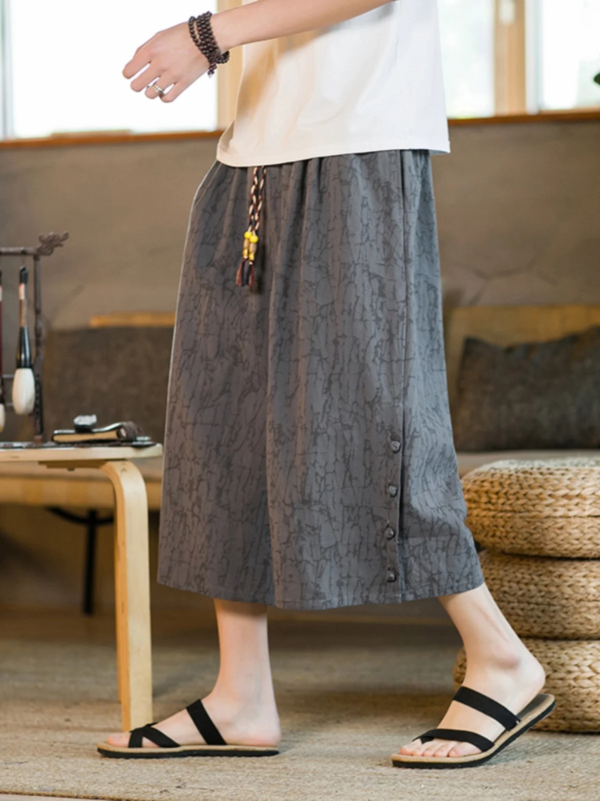 

New Chinese Sle Linen Seven-Five Pants Men's Summer Ice Silk Button Wide Leg Cotton Linen Eight-Piece Pants Casual Trousers