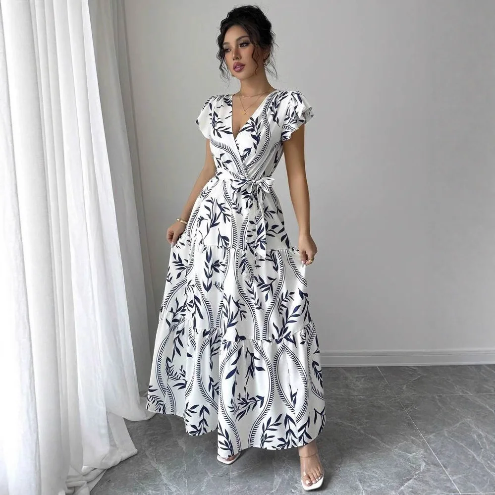 Vestidos Longos Roupas Feminina V-neck Lace-up Waist Printed Summer Fashion Versatile A-line Bohemian Women's Holiday Long Dress