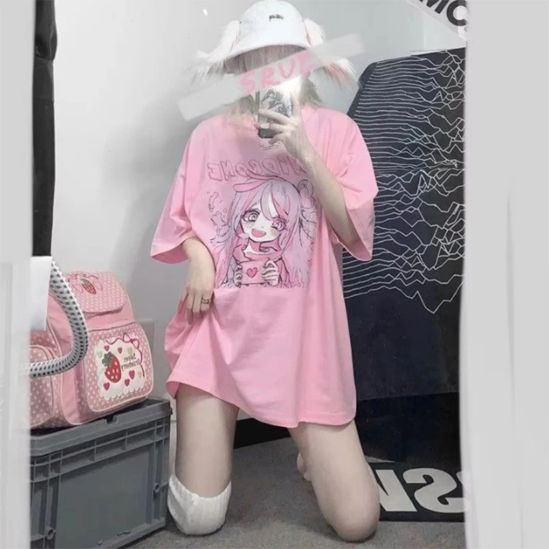 Y2K อะนิเมะ Kawaii ขนาดใหญ่น่ารักน่ารักเสื้อฤดูร้อนแฟชั่น Punk O-คอสั้นแขน Unisex Streetwear เสื้อยืดผู้หญิงป่าเสื้อ