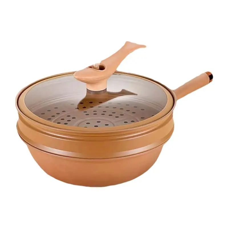 Non-stick Frying Pan With Lid Ceramic Wok With Steamer Chinese Style Clay Health Pot For Cooking Steaming Kitchen Accessories