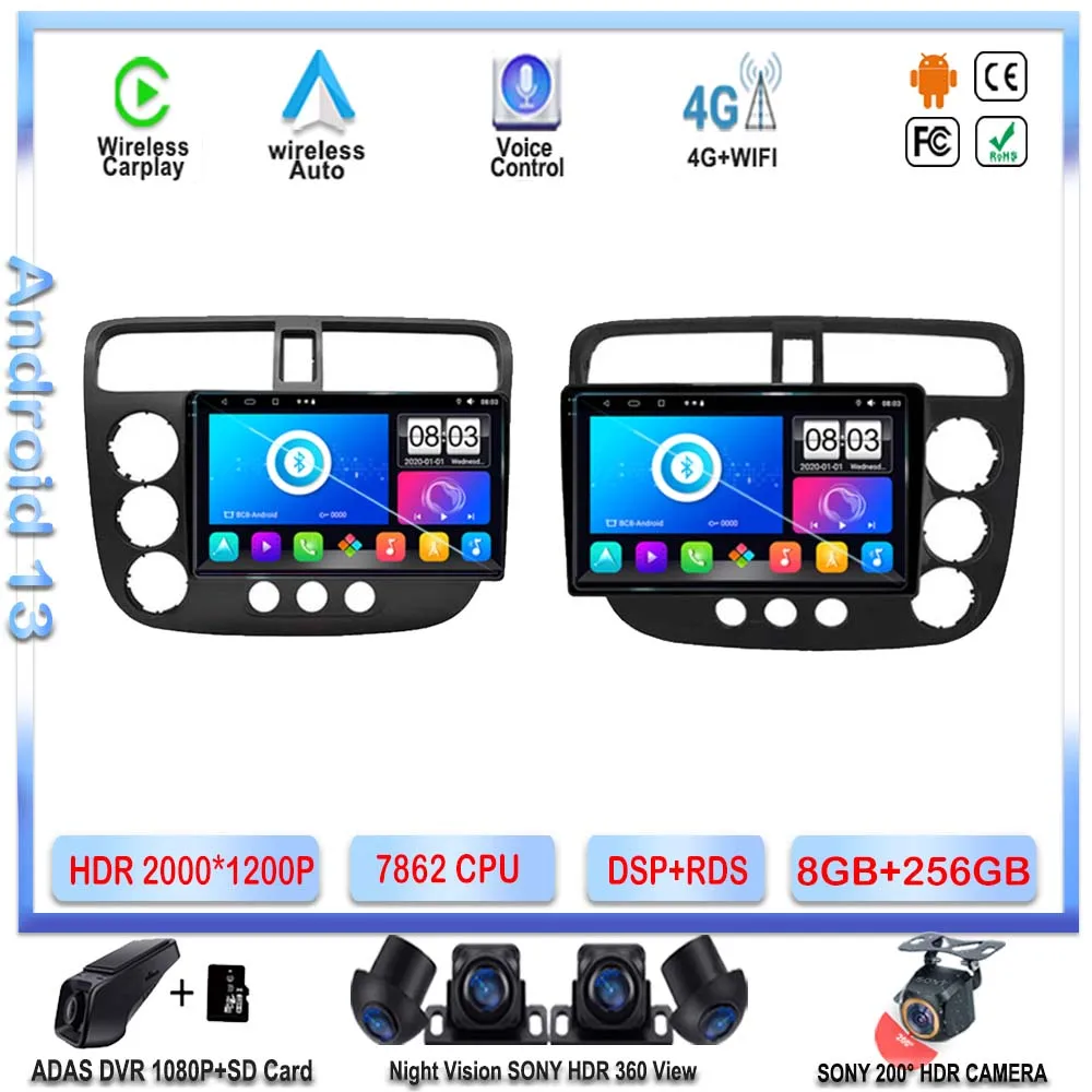 

Android 13 Car Radio DVD for Honda CIVIC 2000 2001-2006 GPS Navigation Stereo Head Unit Multimedia Player 7862 CPU NO 2din QIED