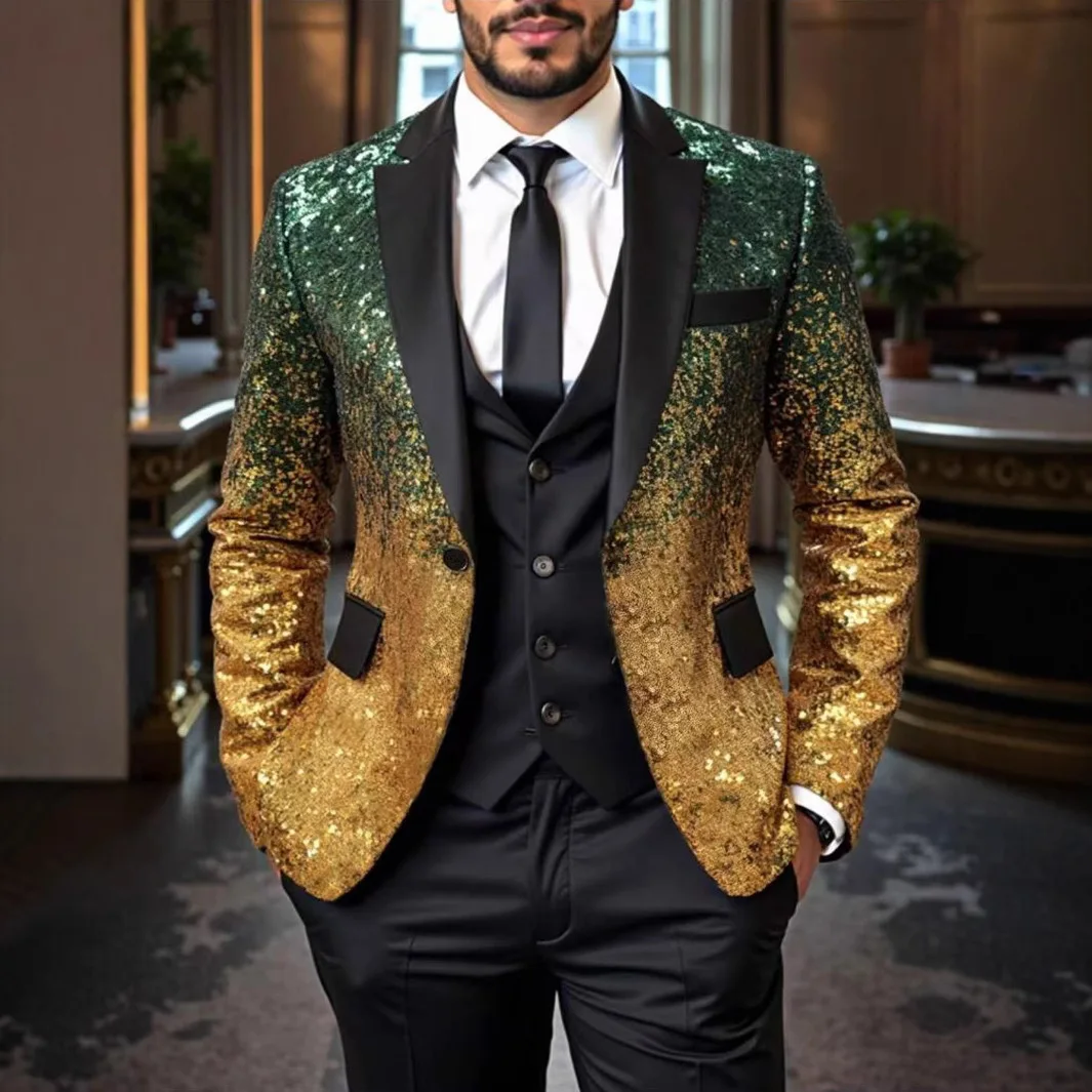 New men's Slim fashion big size sequins gradient color suit single-button jacket multi-color optional S-XXL size