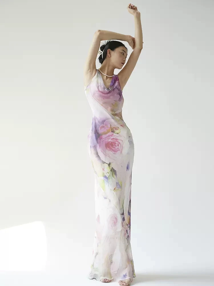 BirdTree, 2 Layered Mulberry Silk Dresses, Women Staghetti Strap Floral, High End Patry Slim OL Dress 2024 Summer New D45483QC