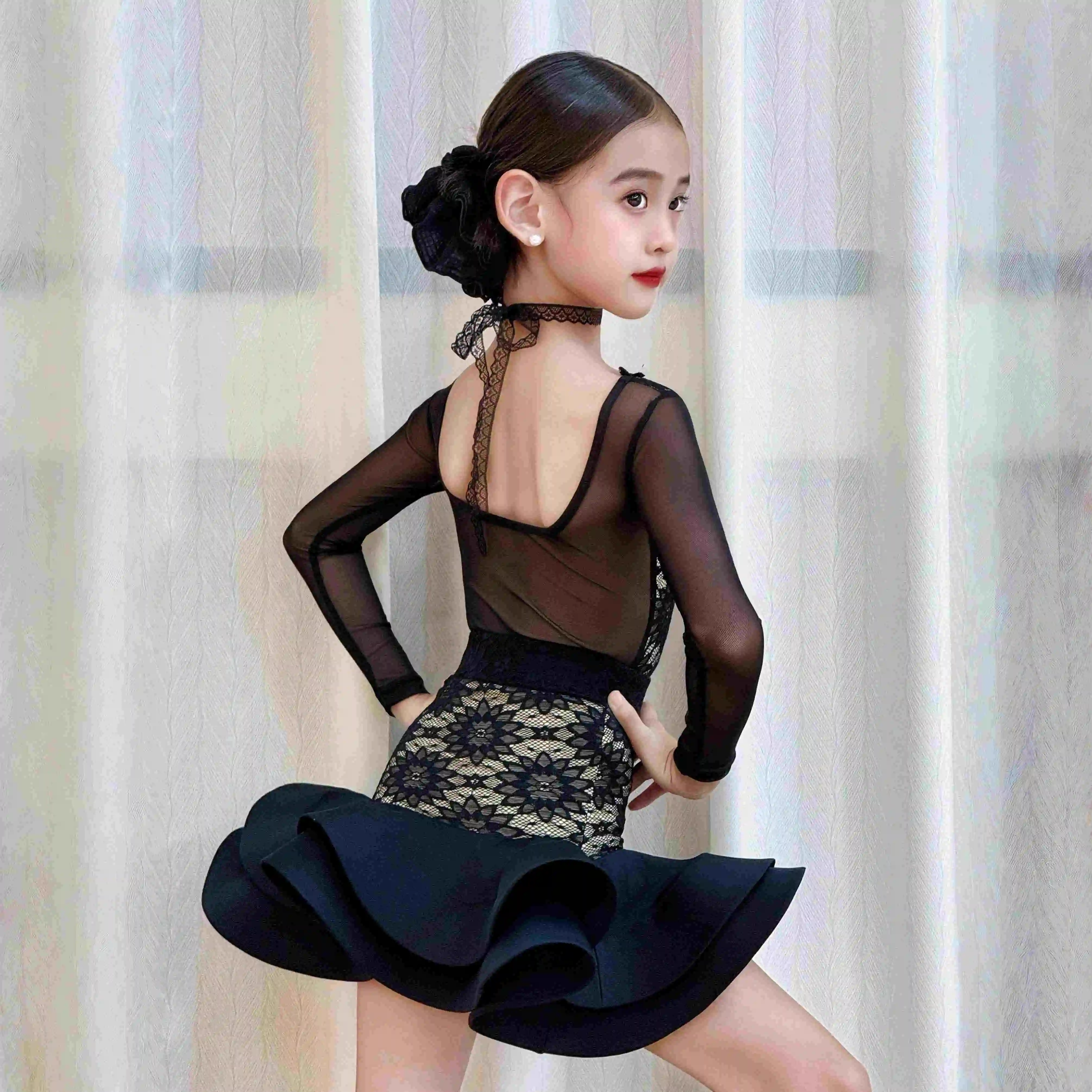 

2025 New Girls Latin Dance Dress Black Lace Fishbone Dress Competition Clothing Cha Cha Rumba Dance Performance Costume