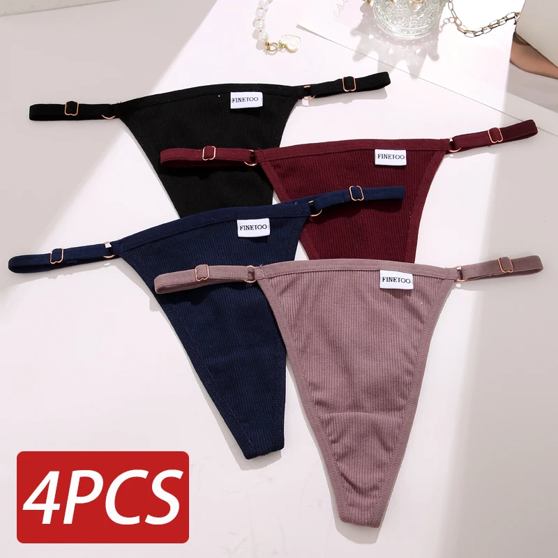 4PCS/Set Cotton Pantys FINETOO Seamless Women's Panties Adjustable Waist Thongs Women Sexy G-string Solid Color Women Lingerie