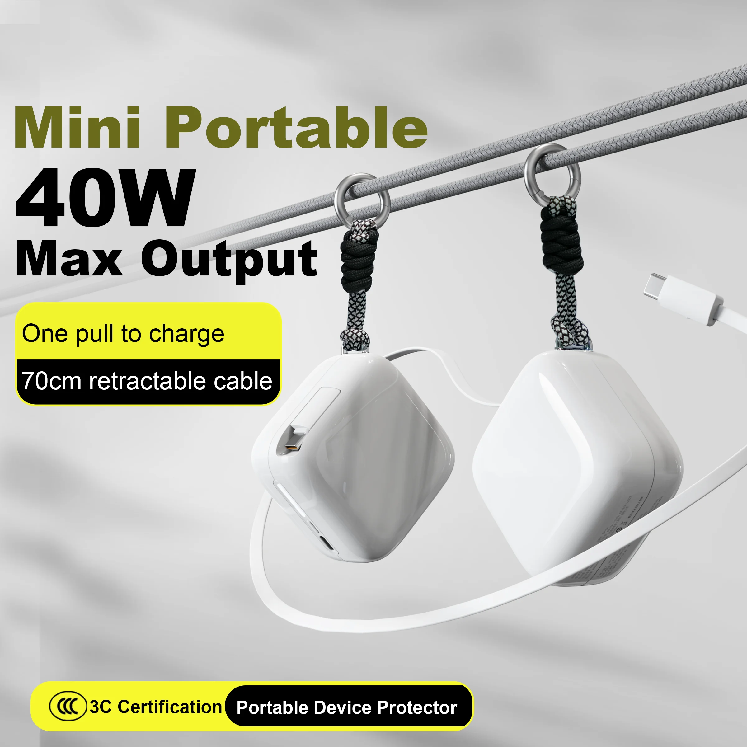 40 واط شحن سريع محمول 10000 مللي أمبير PowerBank نيتريد الغاليوم مع كابل 70 سنتيمتر قابل للسحب من النوع C آيفون 17 16 شاومي هواوي