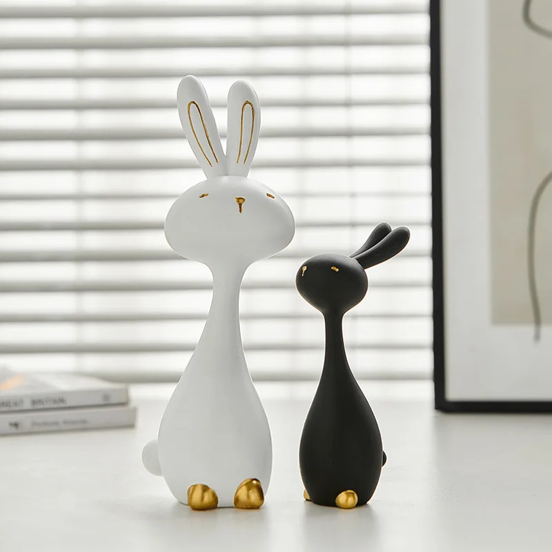 2Pcs Black White Resin Rabbit Figurines Set, Minimalist Modern Bunny Desktop Ornament, Unique Craft Decor Cute Warm Home Decor