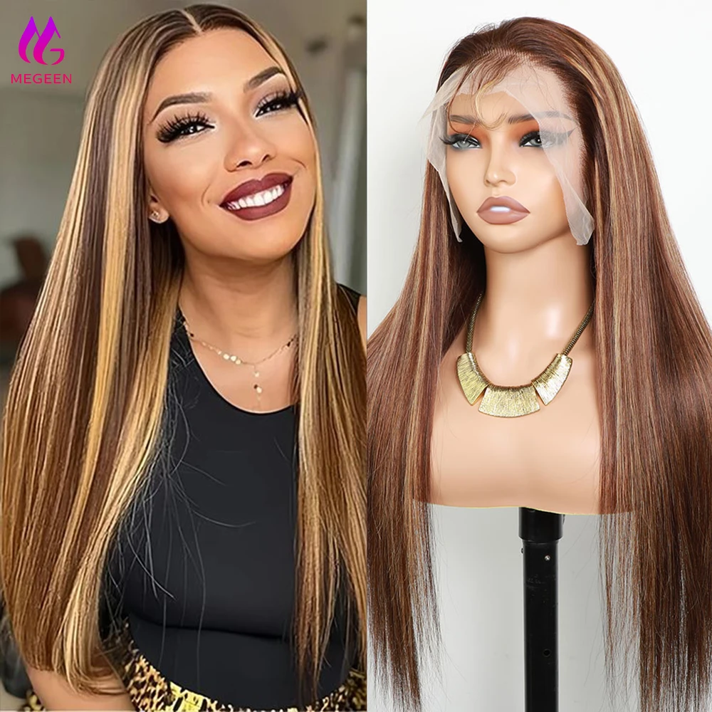 

Megeen 26Inch Straight Lace Front Wig Ombre Highlight 13x4 Transparent Lace Frontal Wig Human Hair Pre Plucked P4/27 Colored Wig