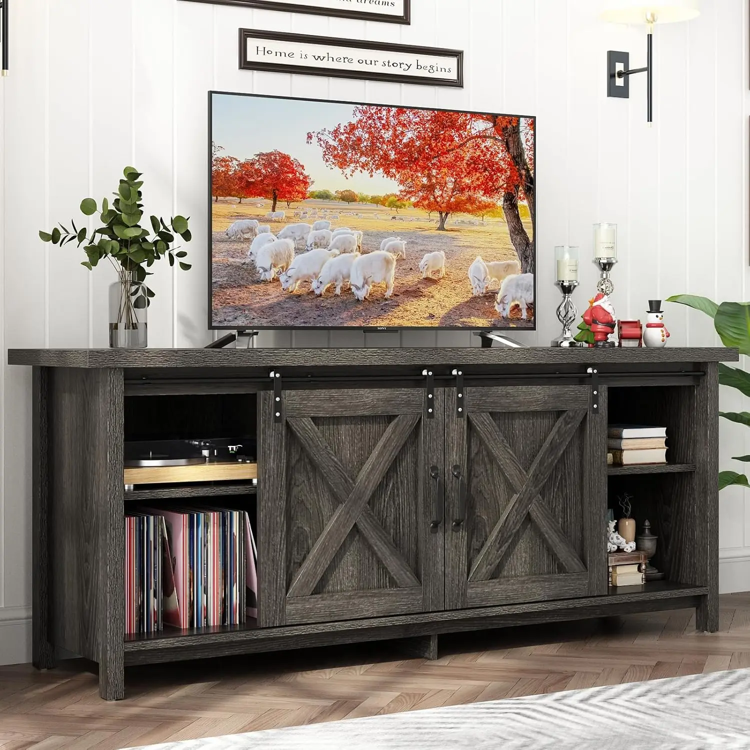 Farmhouse TV Stand for 50 55 60 65inch TV w/Adjustable Storage Shelves,Sliding Barn Door.Rustic Wooden Entertainment Center,