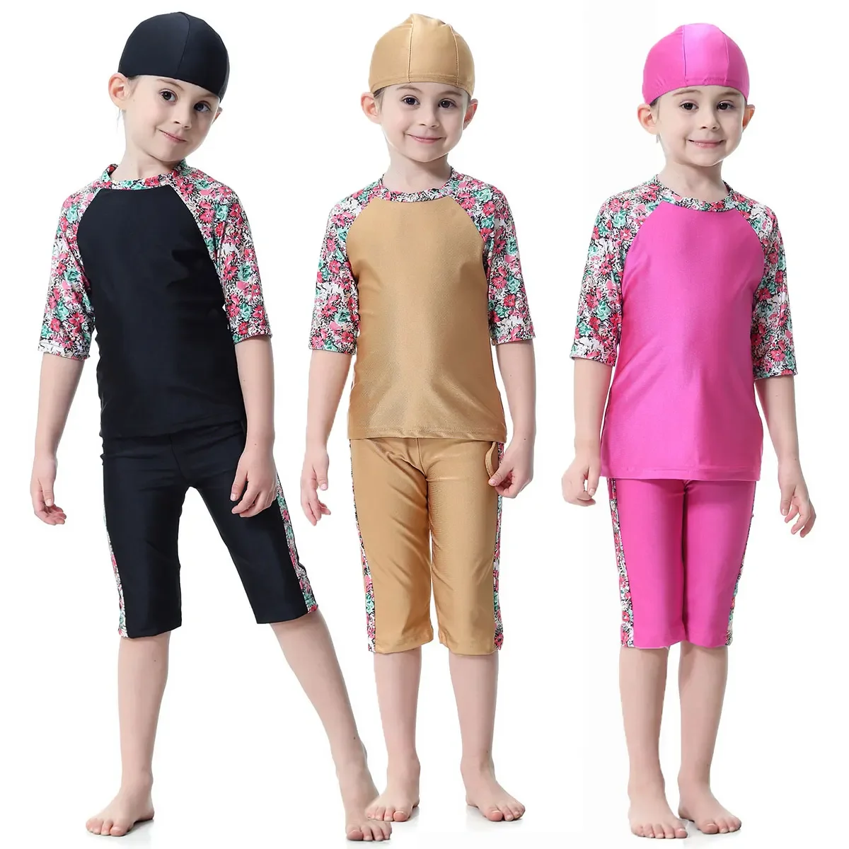Fashion Muslim Swimwear Burkini for Girls Baby Children Teens 1-16Y Sides Floral Printing Quick Dry Islamic Swim Clothes Suit