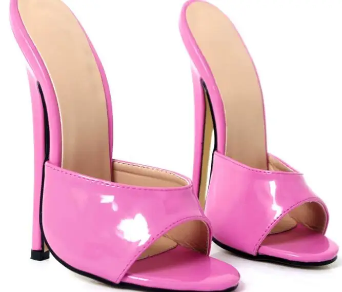 

White Patent Leather Peep Toe 18 CM Stiletto Heels Mules Sexy Women Shallow Pull On High Heel Modern Slippers Dance Shoes Lady