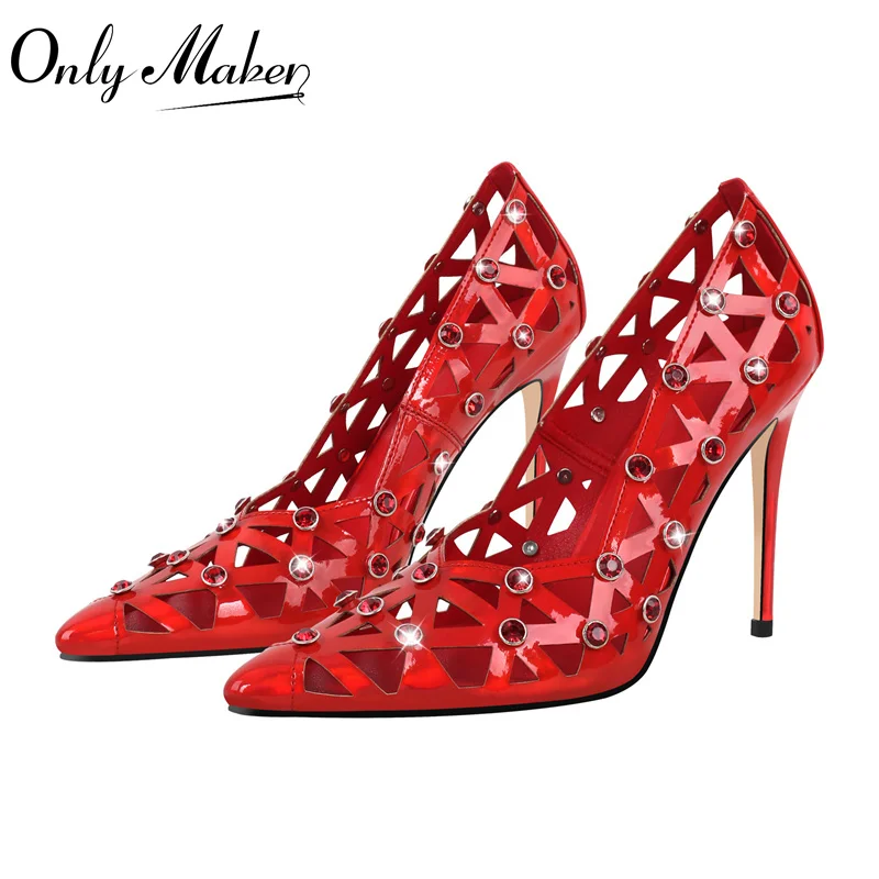 Onlymaker Women Red Hollow Pointed Toe  Rhinestone Thin High Heel Sexy Party Dress Wedding Female Stiletto Pumps