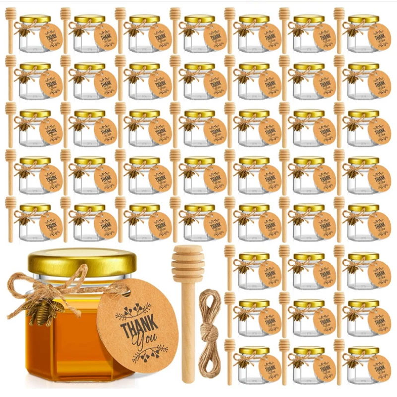 60PCS Mini Hexagonal Glass Honey Jars - Small Honey Jars - Honey Jars With Gold Lids For Baby Shower, Wedding And Party Favors