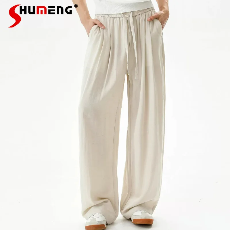 Men's 2026 Summer Fashion Breathable Pleated Wide Leg Pants Drawstring Elastic Waist Pants Loose Comfort Solid Color Trousers