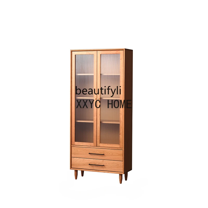 

Solid Wood Bookcase with Glass Door Floor Dustproof Cherrywood Clothes Closet Magazine Two-Door Living Room Display Cabinet