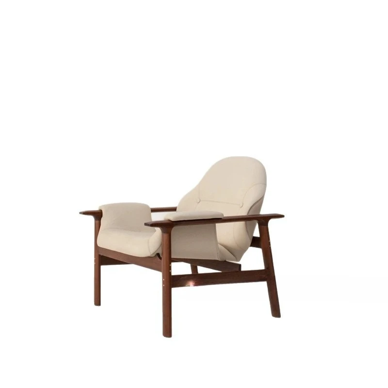 

Nordic solid wood armrest sofa chair designer living room white cream wind microfiber leather ash wood single chair