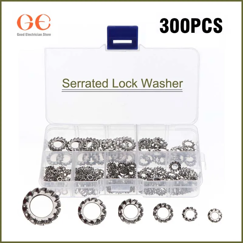

300pcs Outer Serrated Lock Washer Set Anti-Loosening Flat Gasket M2.5-M8 Assortment Kit Set Box 304 Stainless Steel