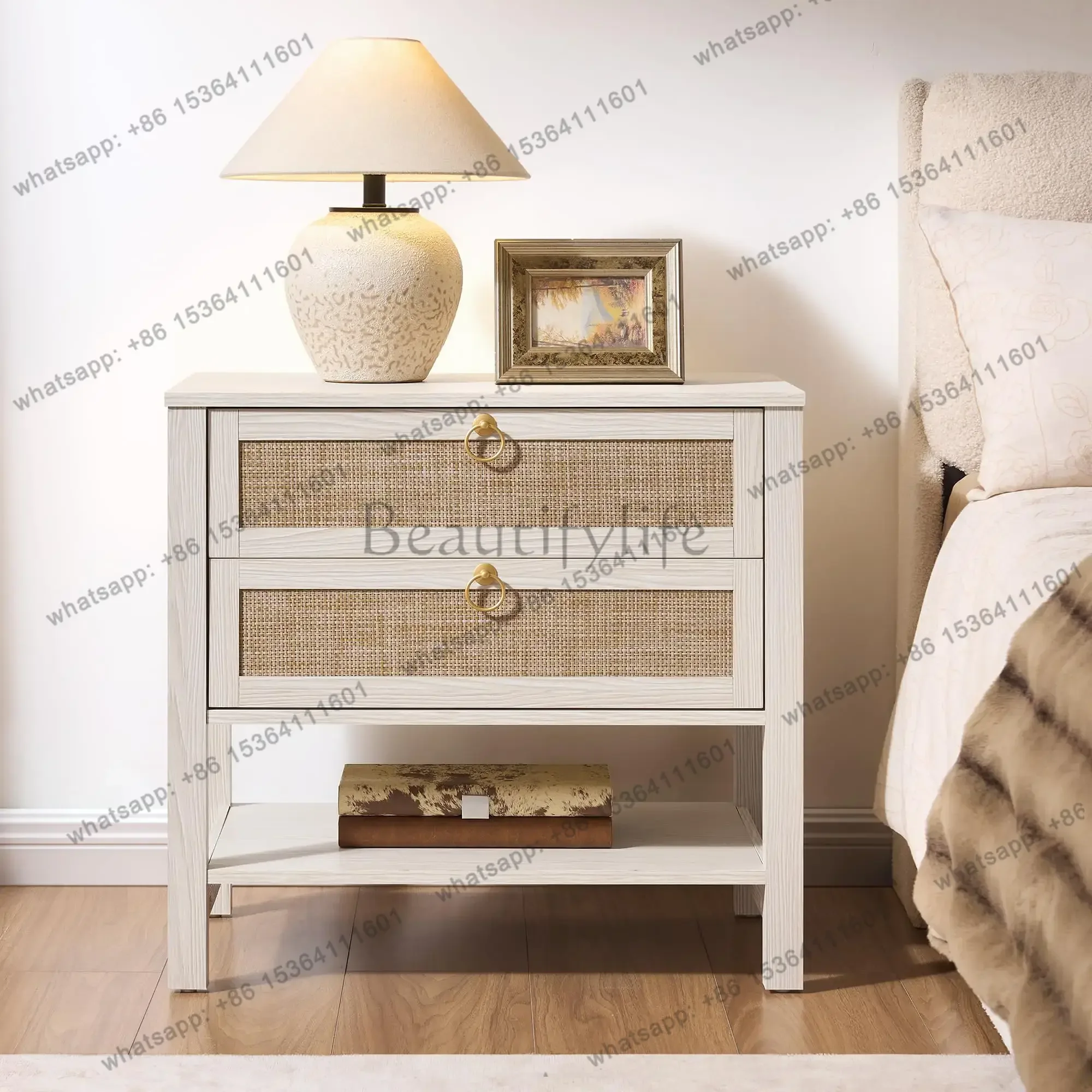 Factory Direct White Rattan Nightstand, Wide Bedside Table With 2 Drawers & Shelf