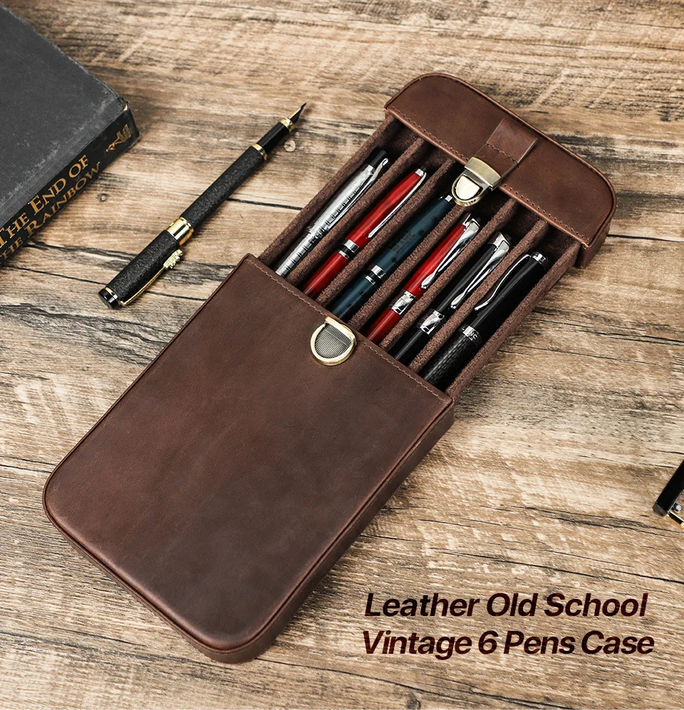 Scatola portapenne retrò in pelle pieno fiore fatta a mano con serratura rimovibile a 6 slot, adatta per ufficio di viaggio 20,6X13X3Cm 242g