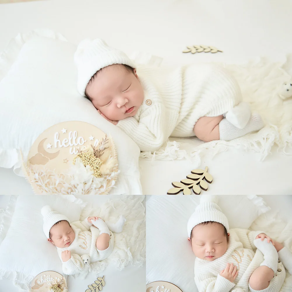 minimalist-baby-milestone-photography-props-cozy-white-knitted-baby-romper-hat-set-supportive-pillow-bear-doll-props-for-studio