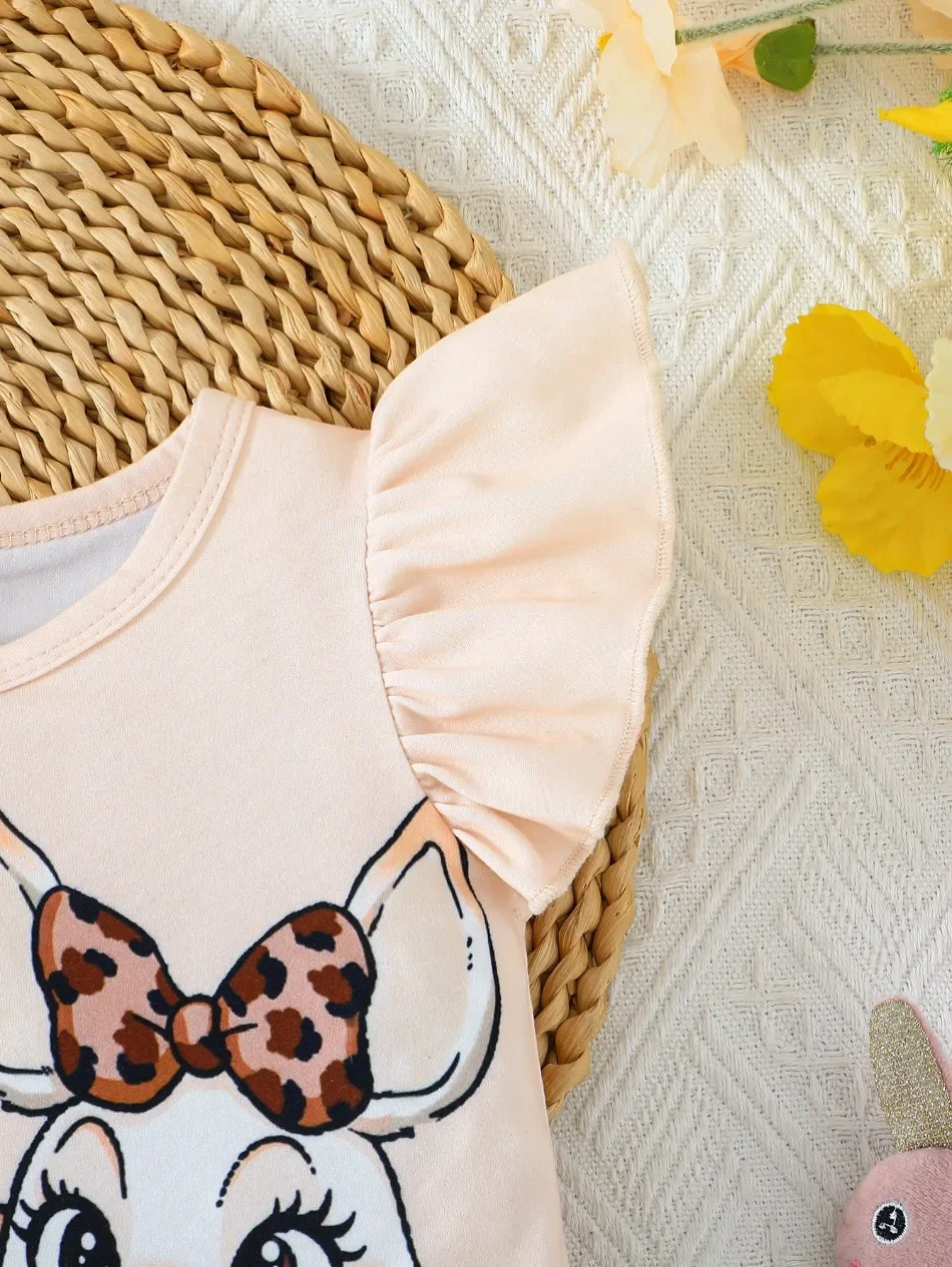 Mädchen-Outfit, 2-teilig, mit Cartoon-Kaninchenmuster, Rüschenärmeln, Leopardenmuster-Shorts, für Kinder, ideal für Sommer, Strand, Alltag, Freizeitkleidung, Set ZYD47. – Detail 6