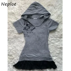 Neploe Skeleton Pattern Hooded  E-Girls Tees 2024 Summer Vintage American Fairycore Streetwear 2000S Tight Short Sleeve T-Shirt