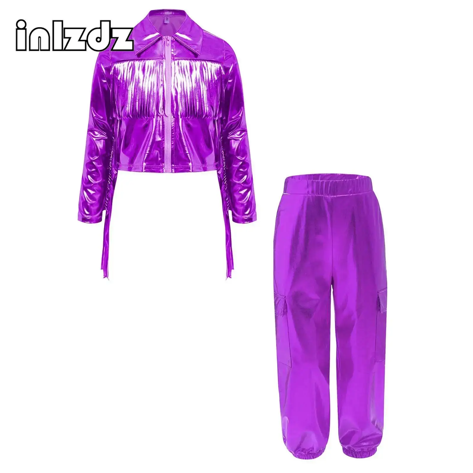 

Kids Girls Jazz Dance Outfits Turn-Down Collar Long Sleeve Zipper Tassels Metallic Jacket with Shiny Pants for Hip-Hop Jazz Wear