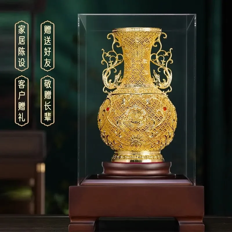 New Chinese Style Silk Flower Vase All Copper Desktop Ornament for Living Room Entrance Study Office Decor Housewarming Gift