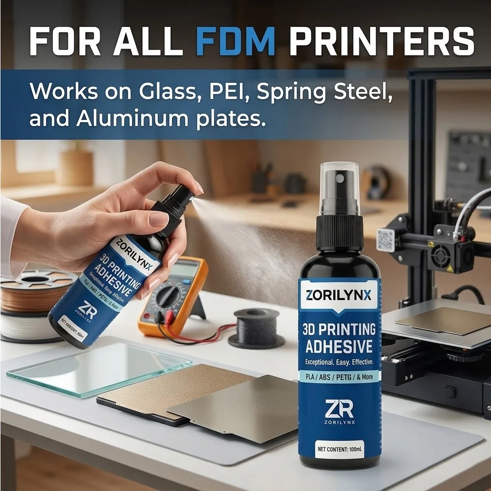 

3D Printer Adhesive Glue Spray 100ml Strong Bond Upgraded Formula Quick Curing Anti-Warping for PLA ABS PETG Bed ZORILYNX
