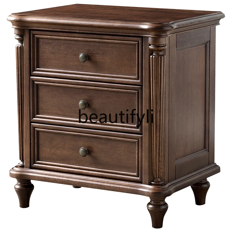 

All solid wood bedside table three drawers walnut wood log cabinet