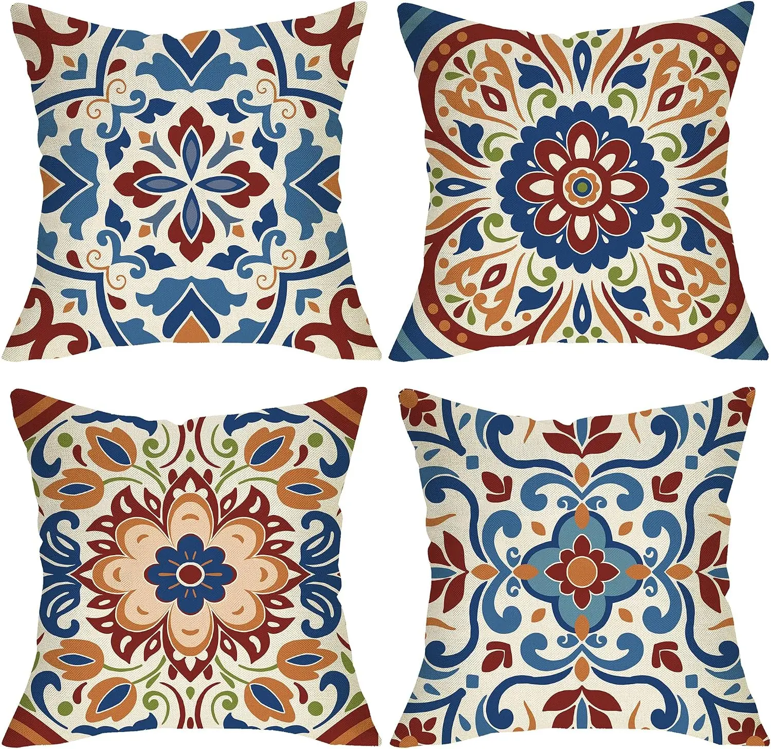 Decorative Boho Chic Throw Pillow Covers Set of 4 Printed Mandala Mediterranean Floral Cushion Decor for Living Room Home Accent