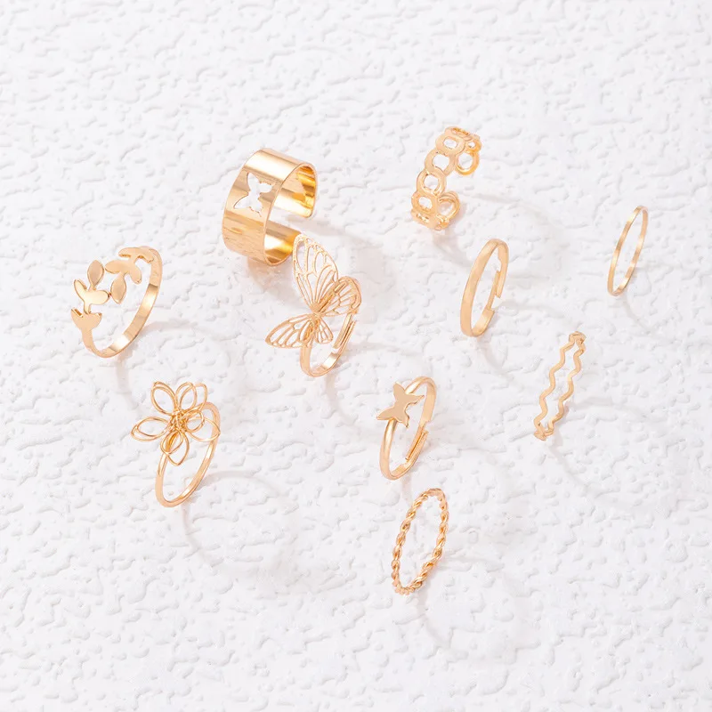 Conjunto de anillos huecos trenzados geométricos para mujer, Set de 10 piezas de flores, hojas de mariposa, abalorio para mujer, regalo de joyería
