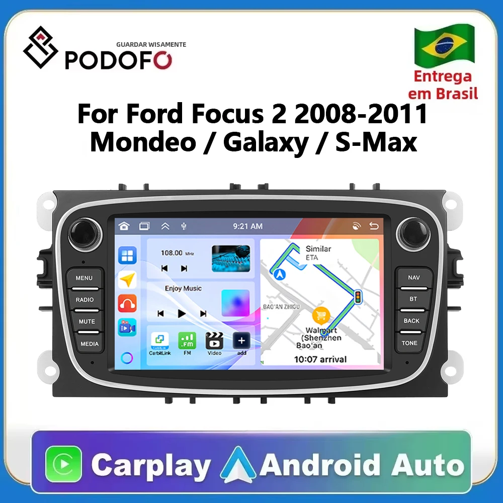 Podofo android carplay rádio para ford focus 2 2008-2011 s-max mondeo c-max sistema inteligente gps autoradio reprodutor multimídia