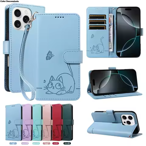 Magnetic Leather Wallet Case for Samsung Galaxy A05 A05S A06 A12 A13 A14 A22 A23 A24 A25 4G 5G Cat Butterfly Embossed Design