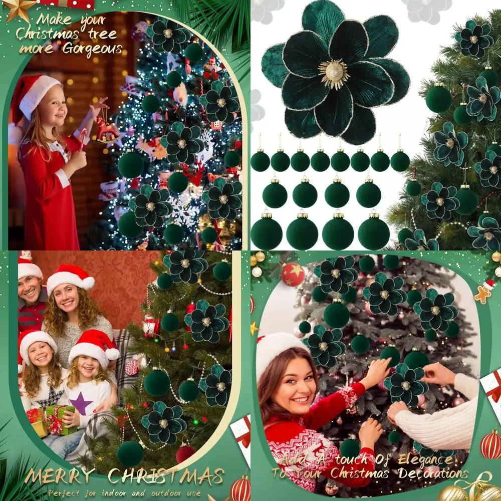 

Outus 24 Pcs Velvet Christmas Tree Decorations Set with 8pcs Poinsettias Artificial Glitter Magnolia Flower with Stem, 16pcs Chr