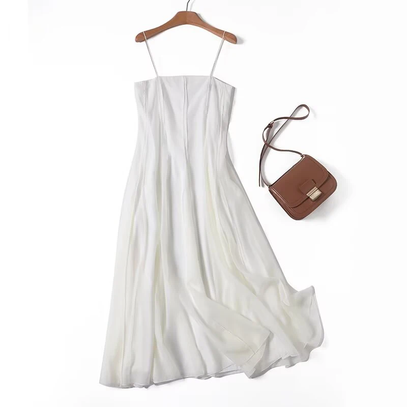 

YENKYE New 2025 Women Sexy Spaghetti Straps Beige White Dress Elegant A-line Midi Gentle Vacation Summer Dresses Lady Vestidos