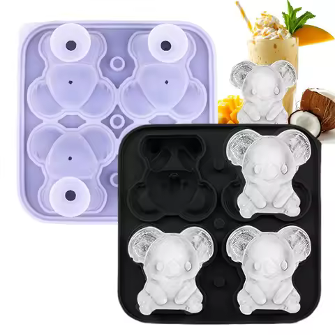 Ice Mold Silicone Ice Molds 3D Koala Shape Reusable 4-Grid Cube Maker Easy Release Tool Kitchen Gadgets for Whiskey Cocktail