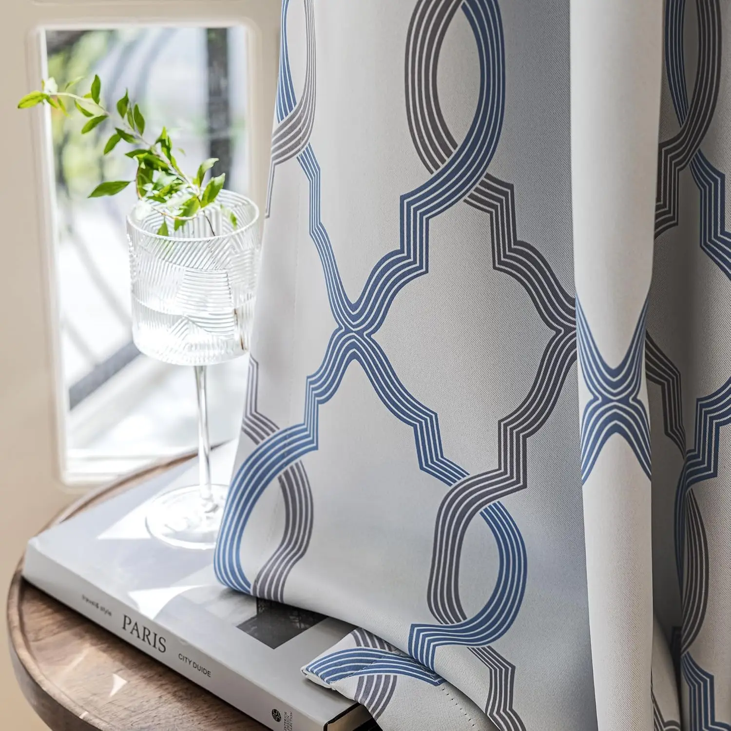 

100% Blackout Curtains 54 Inches Long for Bedroom, Blue Grey on White Moroccan Geometric Patterned Window Curtain for Li