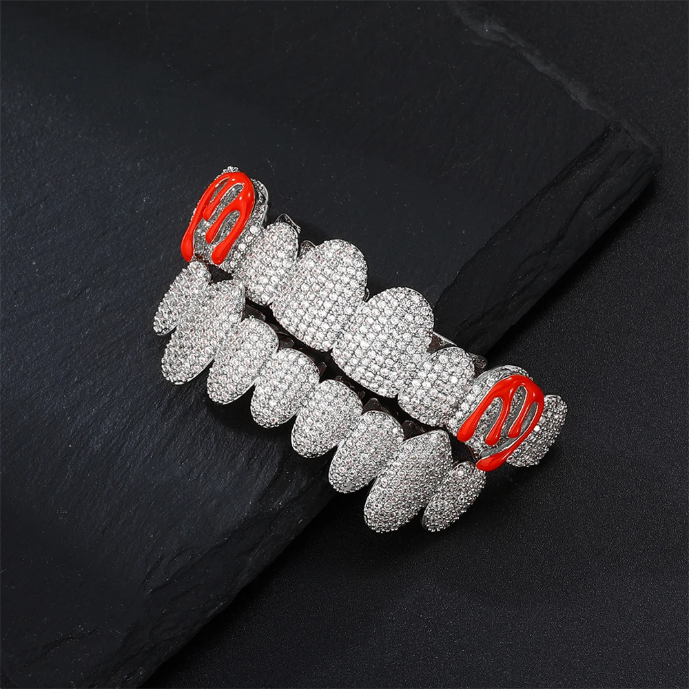 Hip Hop Red Drip Oil CZ Teeth Grillz Caps Cubic Zircon Iced Out Micro Pave Top&Bottom Charm For Men Women Jewelry Xmas Gift