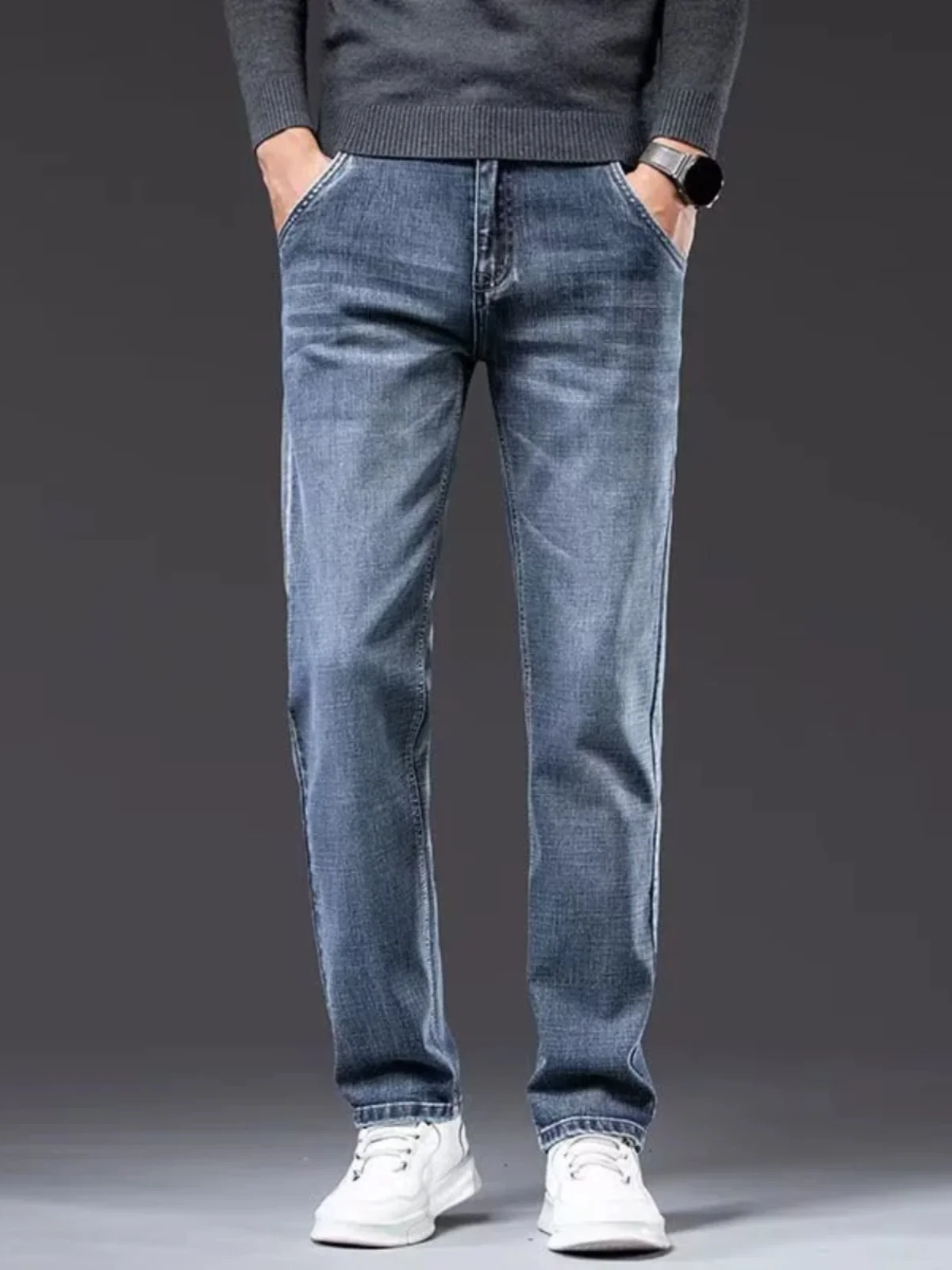 

Свободные прямые мужские джинсы, новые весенние легкие повседневные длинные брюки, хлопковые эластичные джинсовые брюки со средней талией на молнии Fly